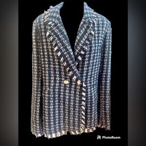 New Aqua Exclusive for Bloomingdales Tweed Fringe Blue Yan Metallic Blazer SZ L